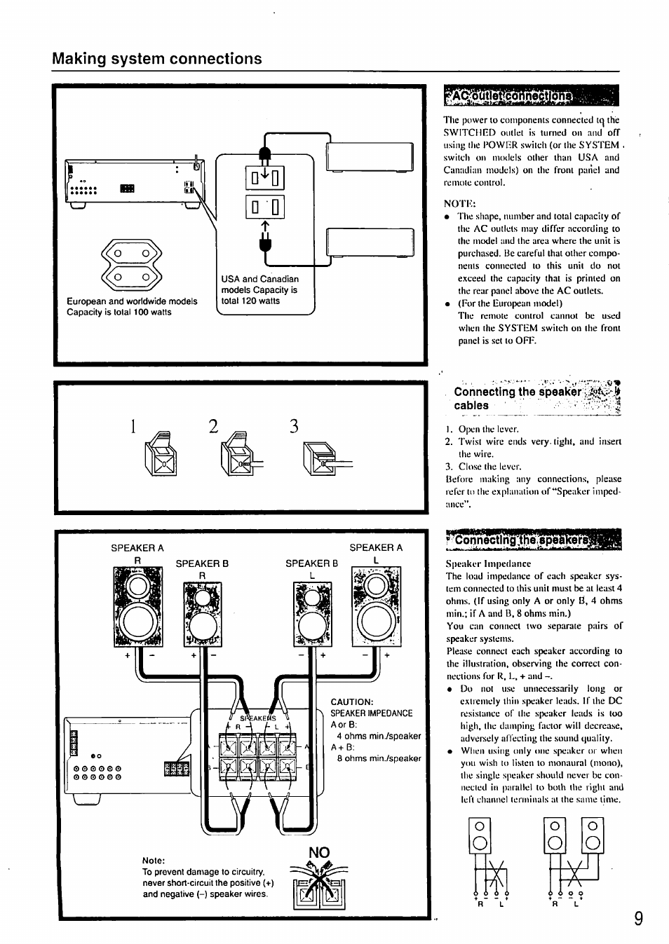 Making system connections, Connecting the speaker cables, 0o c) o | Onkyo TX-8211 User Manual | Page 9 / 24