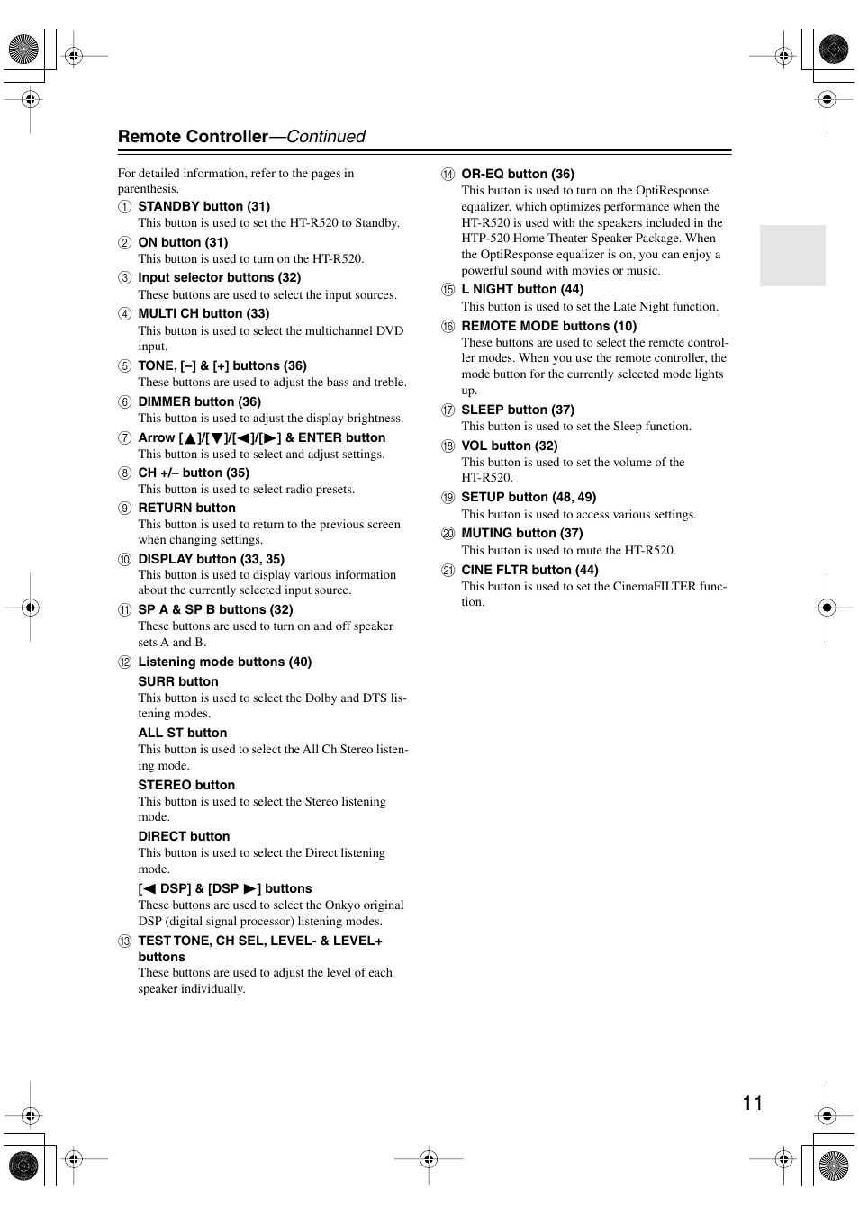 Remote controller —continued | Onkyo HT-R520 User Manual | Page 11 / 68