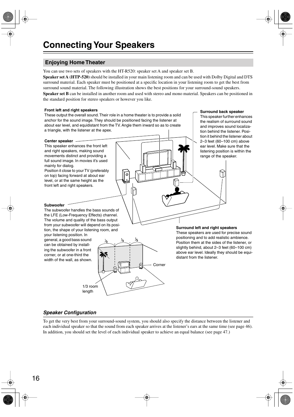 Connecting your speakers | Onkyo HT-R520 User Manual | Page 16 / 68