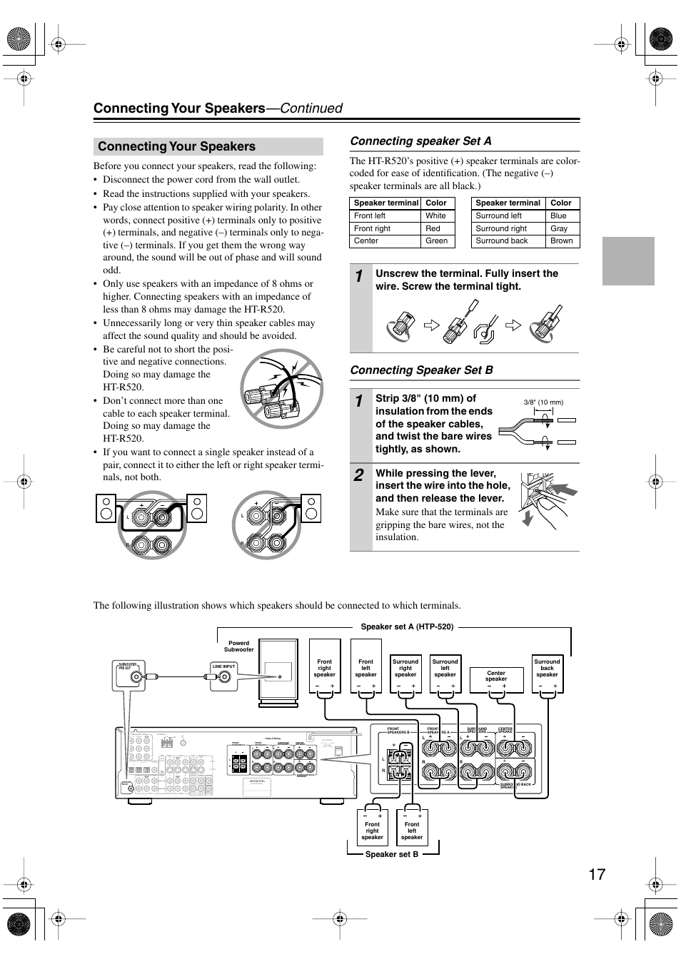 Connecting your speakers —continued, Connecting your speakers, Connecting speaker set a | Connecting speaker set b | Onkyo HT-R520 User Manual | Page 17 / 68