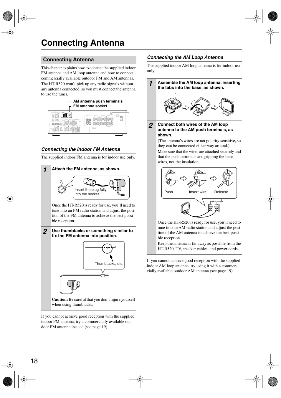 Connecting antenna, Connecting the indoor fm antenna, Connecting the am loop antenna | Onkyo HT-R520 User Manual | Page 18 / 68
