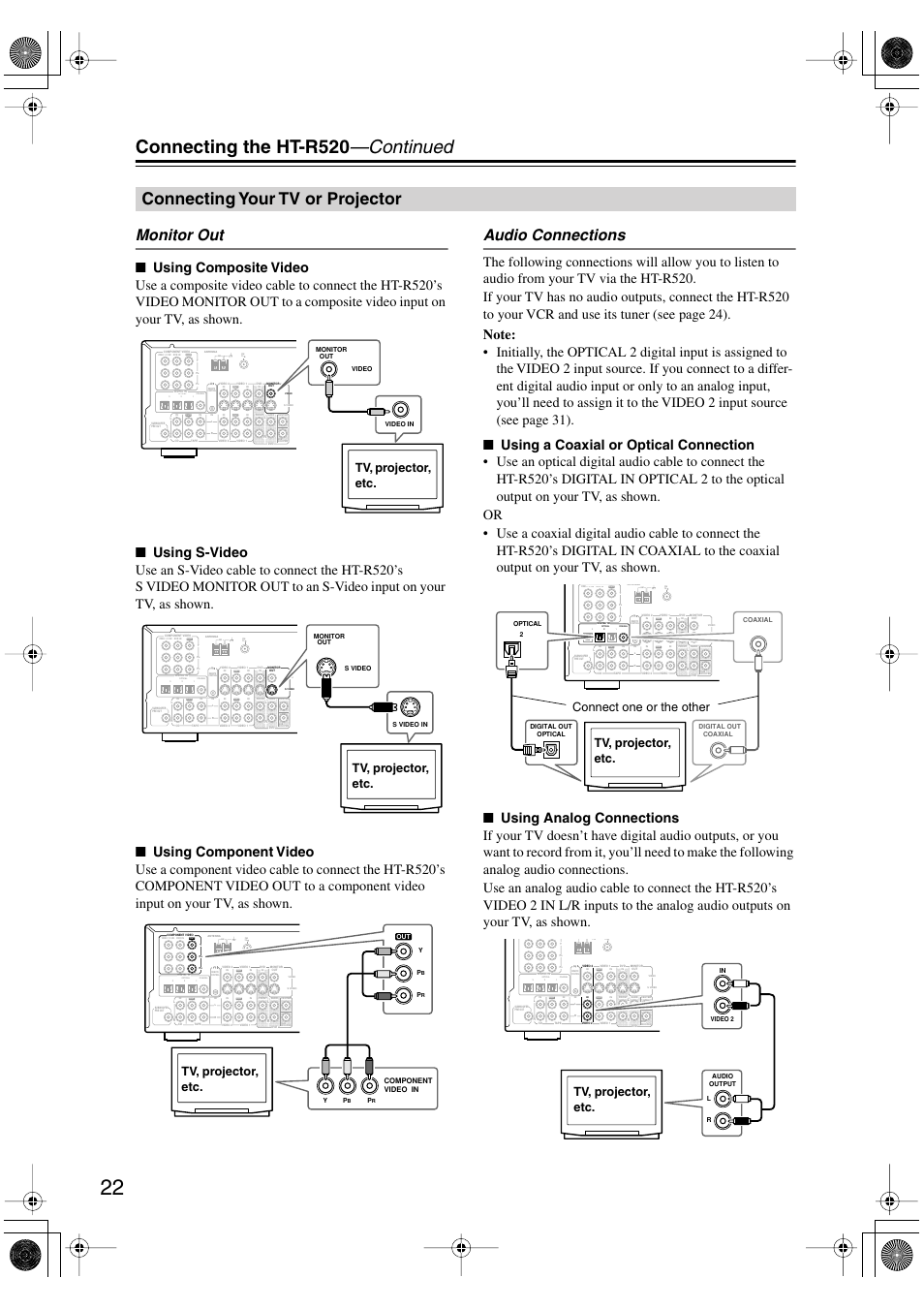 Connecting the ht-r520 —continued, Connecting your tv or projector, Monitor out | Audio connections, Tv, projector, etc, Tv, projector, etc. connect one or the other | Onkyo HT-R520 User Manual | Page 22 / 68