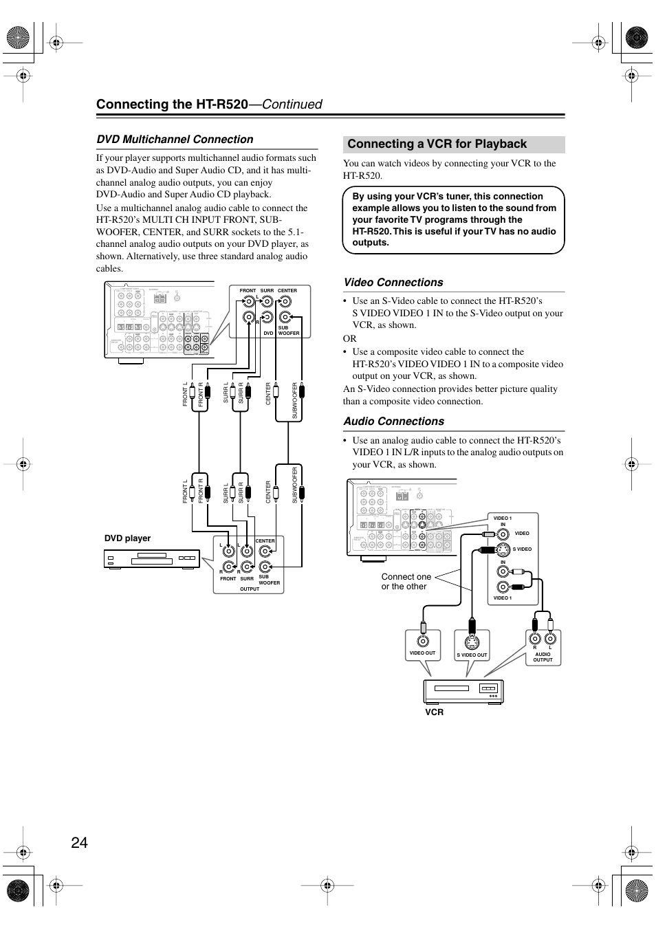 Connecting the ht-r520 —continued, Connecting a vcr for playback, Dvd multichannel connection | Video connections, Audio connections, Dvd player, Vcr connect one or the other | Onkyo HT-R520 User Manual | Page 24 / 68