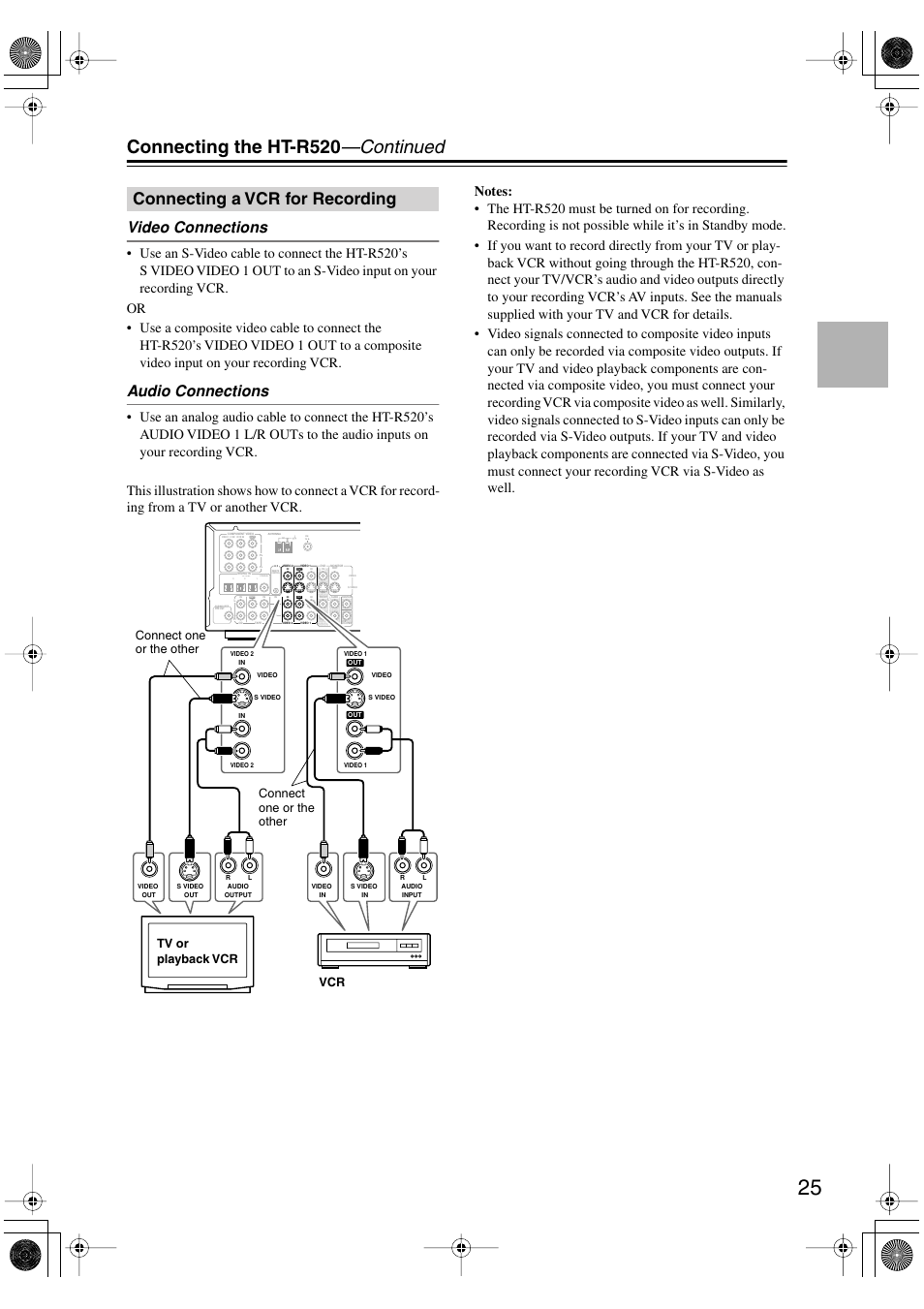 Connecting the ht-r520 —continued, Connecting a vcr for recording, Video connections | Audio connections | Onkyo HT-R520 User Manual | Page 25 / 68