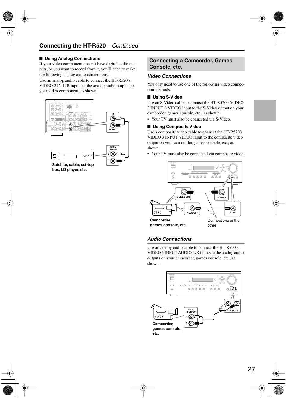 Connecting the ht-r520 —continued, Connecting a camcorder, games console, etc, Video connections | Audio connections | Onkyo HT-R520 User Manual | Page 27 / 68