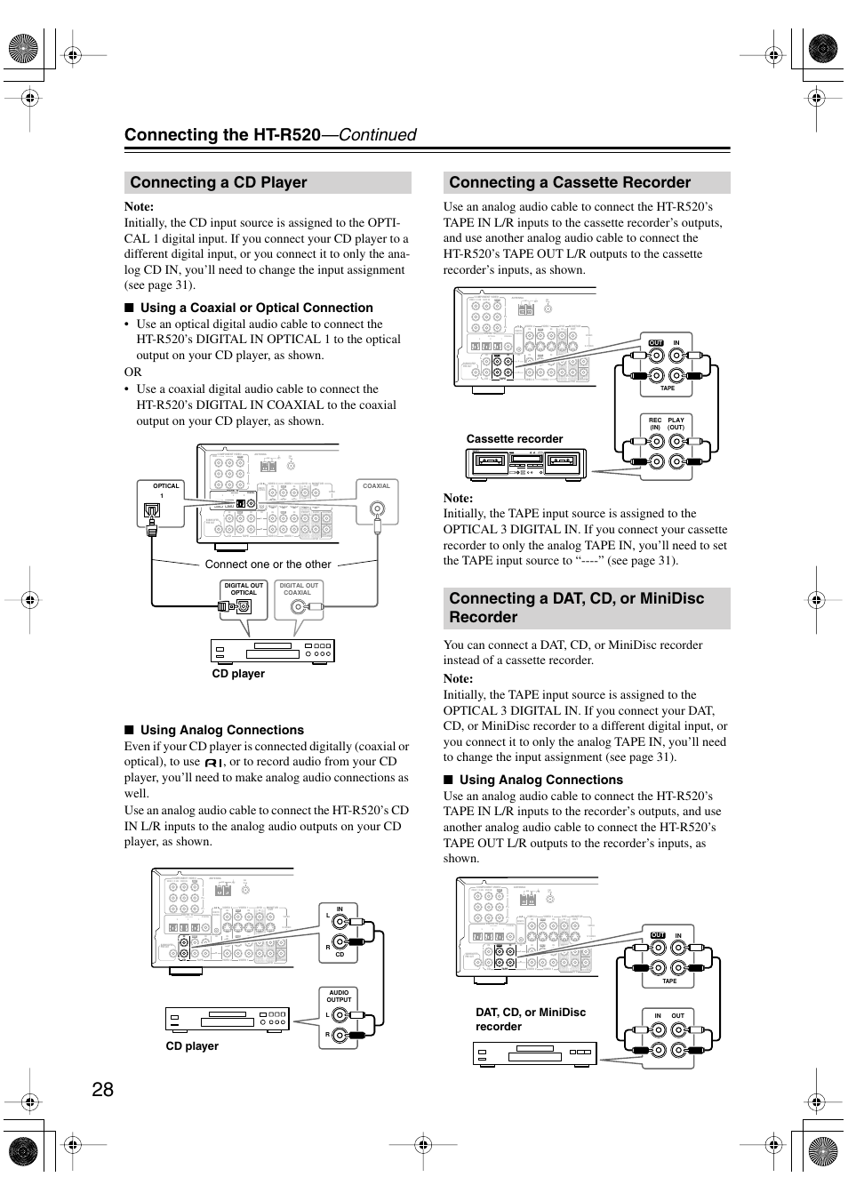 Connecting the ht-r520 —continued, Connecting a cd player, Cd player connect one or the other | Cd player, Cassette recorder, Dat, cd, or minidisc recorder | Onkyo HT-R520 User Manual | Page 28 / 68