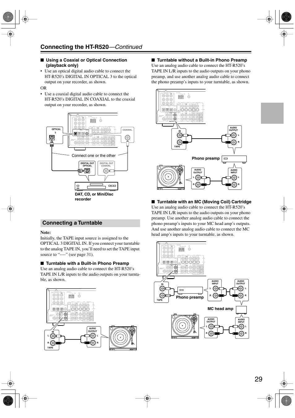 Connecting the ht-r520 —continued, Connecting a turntable, Phono preamp | Phono preamp mc head amp | Onkyo HT-R520 User Manual | Page 29 / 68