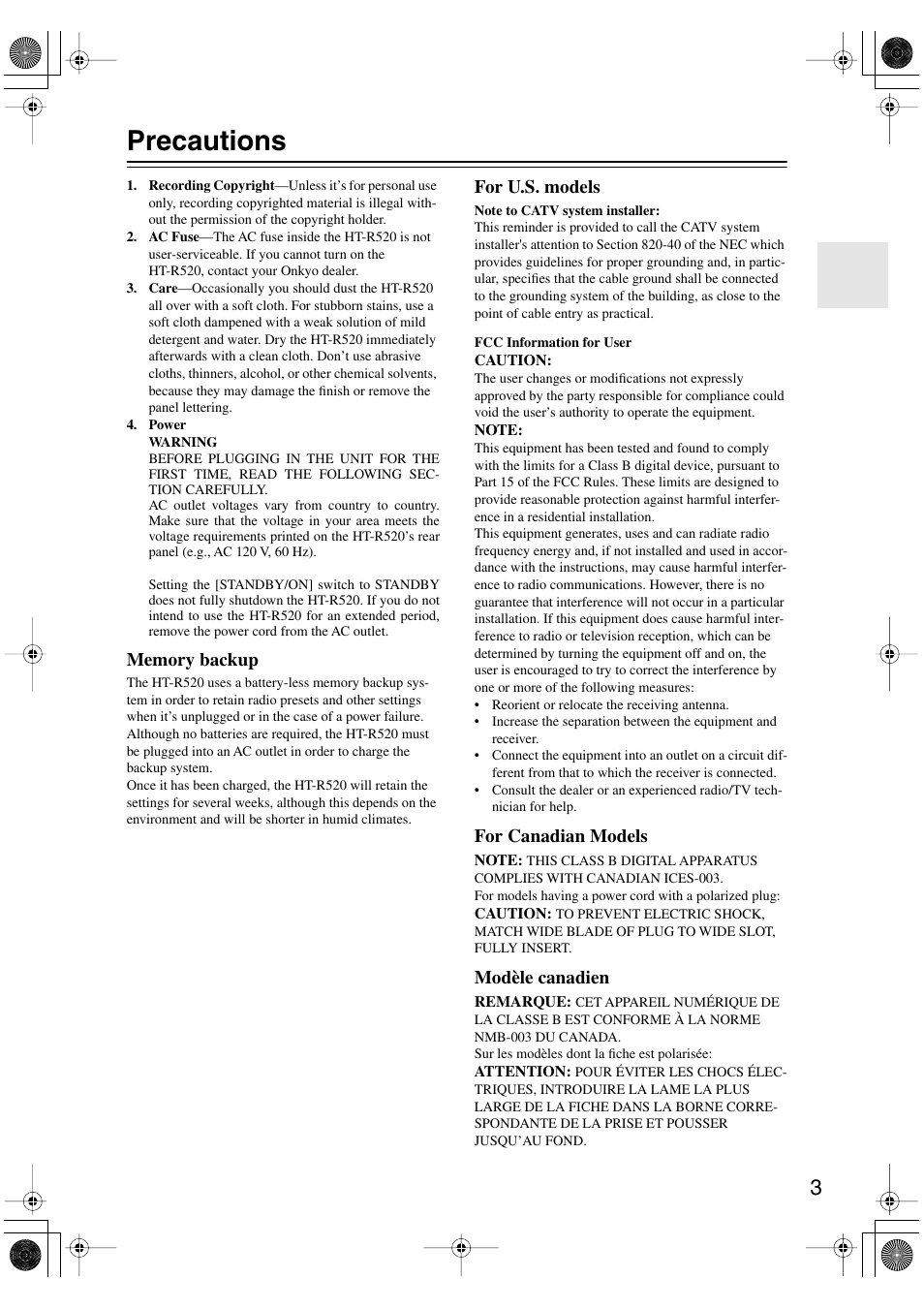 Precautions, For u.s. models, For canadian models | Modèle canadien | Onkyo HT-R520 User Manual | Page 3 / 68