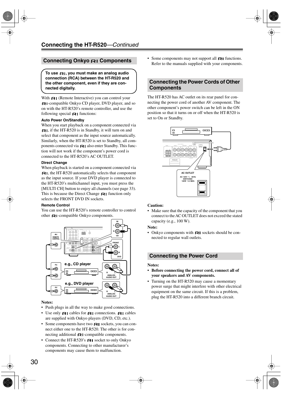 Connecting the ht-r520 —continued, Connecting onkyo components, Video s video | Video 1, Dvd in, Rout | Onkyo HT-R520 User Manual | Page 30 / 68