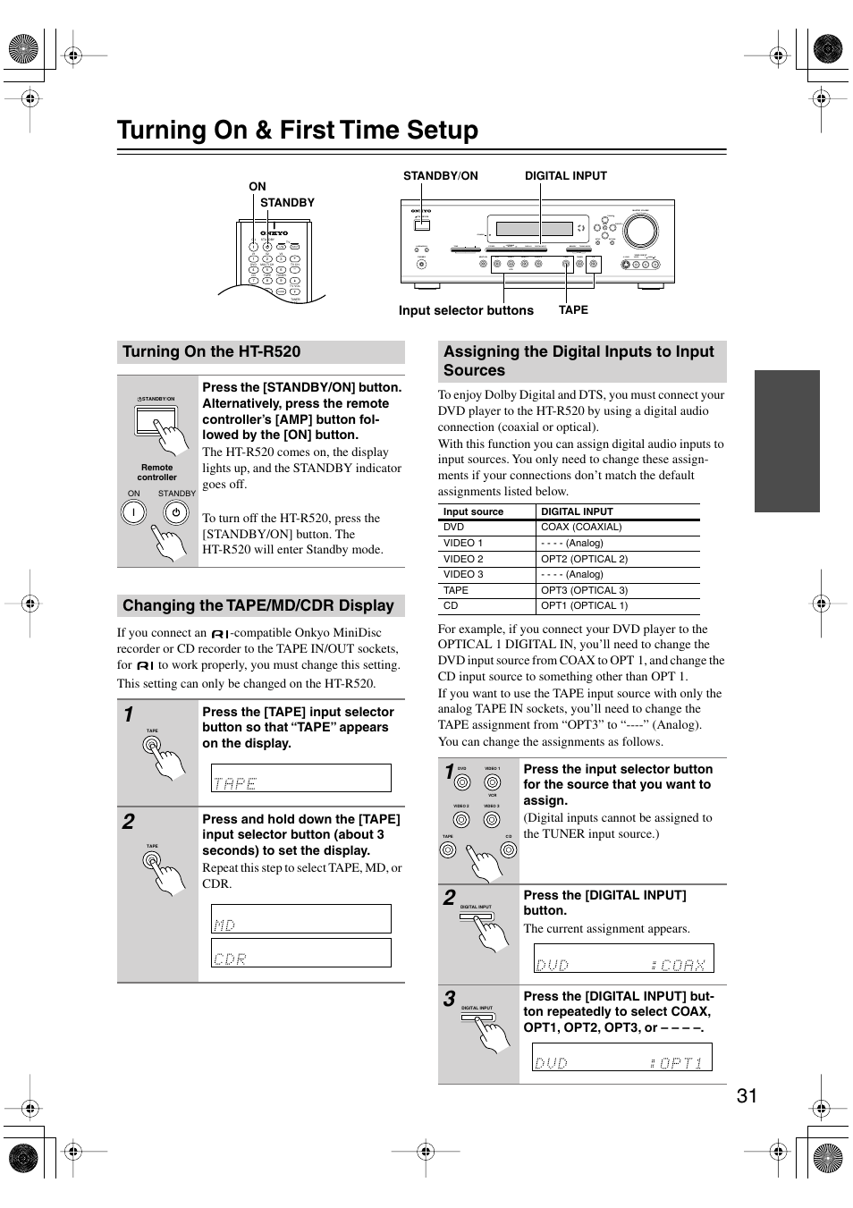 Turning on & first time setup, Turning on the ht-r520, Changing the tape/md/cdr display | Assigning the digital inputs to input sources | Onkyo HT-R520 User Manual | Page 31 / 68
