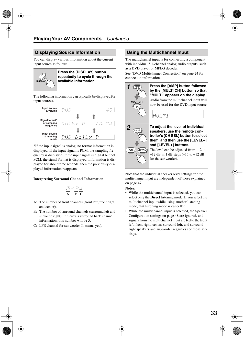 Playing your av components —continued | Onkyo HT-R520 User Manual | Page 33 / 68