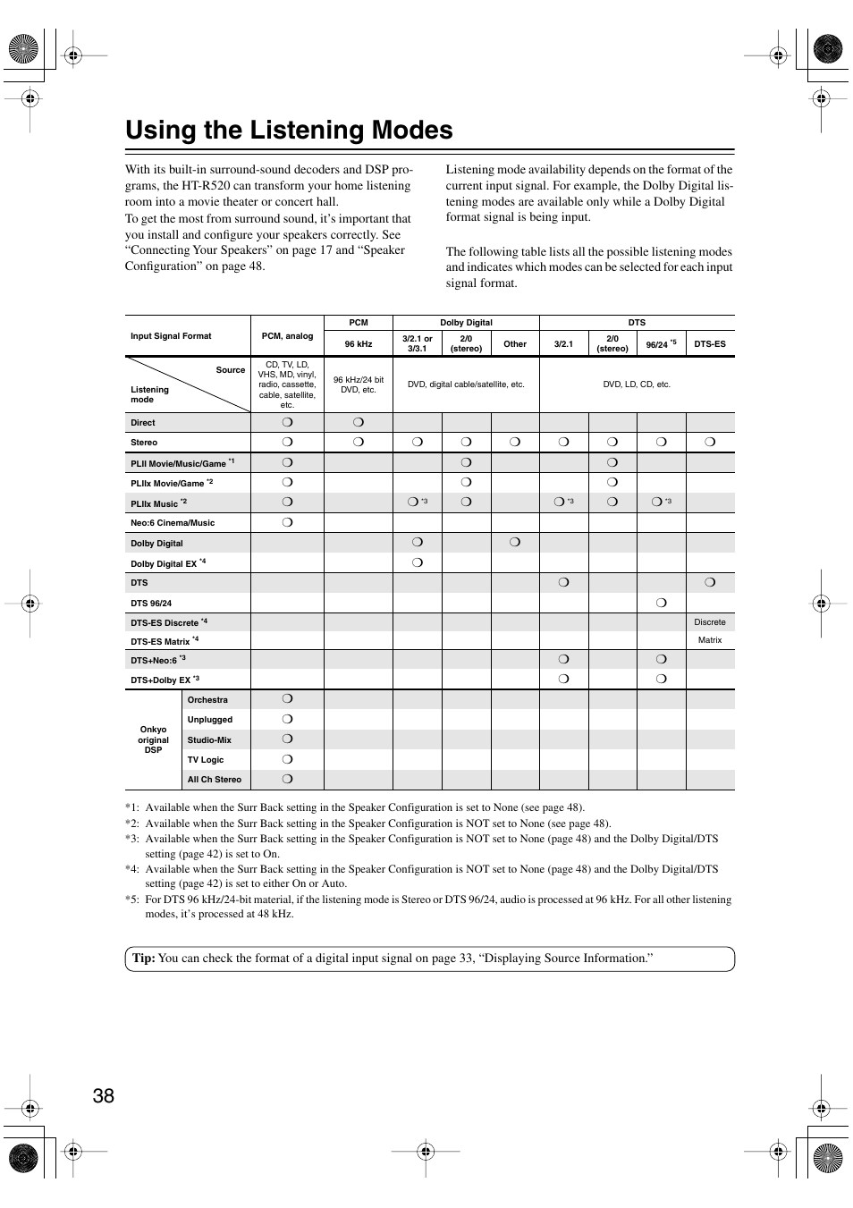 Using the listening modes | Onkyo HT-R520 User Manual | Page 38 / 68