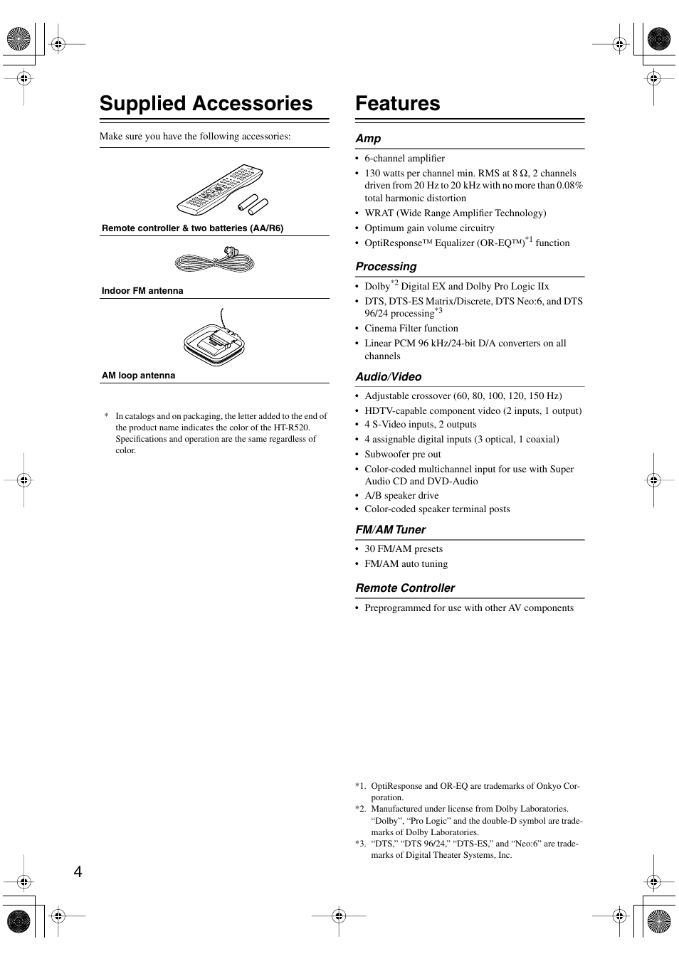 Supplied accessories, Features | Onkyo HT-R520 User Manual | Page 4 / 68