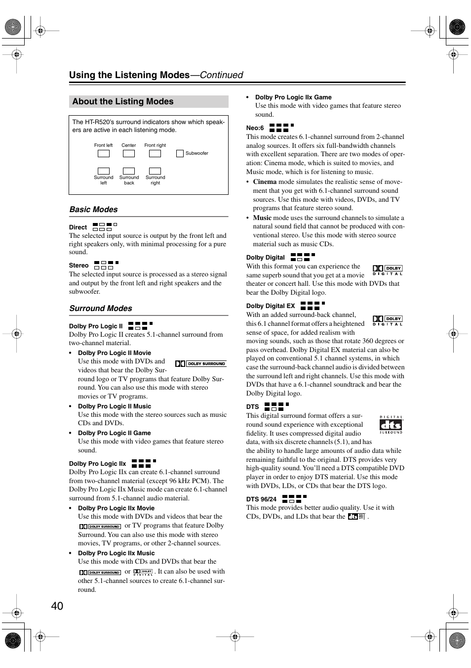 Using the listening modes —continued, About the listing modes | Onkyo HT-R520 User Manual | Page 40 / 68