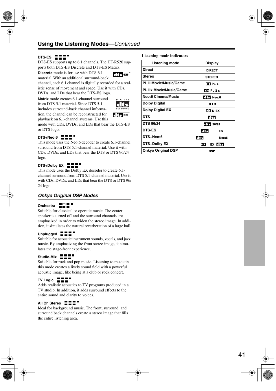 Using the listening modes —continued | Onkyo HT-R520 User Manual | Page 41 / 68