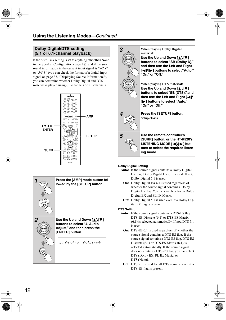 Using the listening modes —continued, Press the [setup] button. setup closes | Onkyo HT-R520 User Manual | Page 42 / 68
