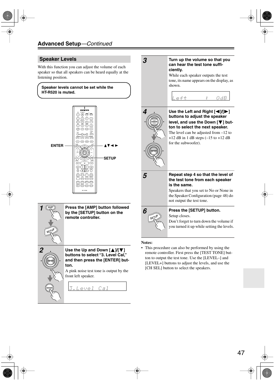 Advanced setup —continued, Speaker levels, Setup enter | Onkyo HT-R520 User Manual | Page 47 / 68