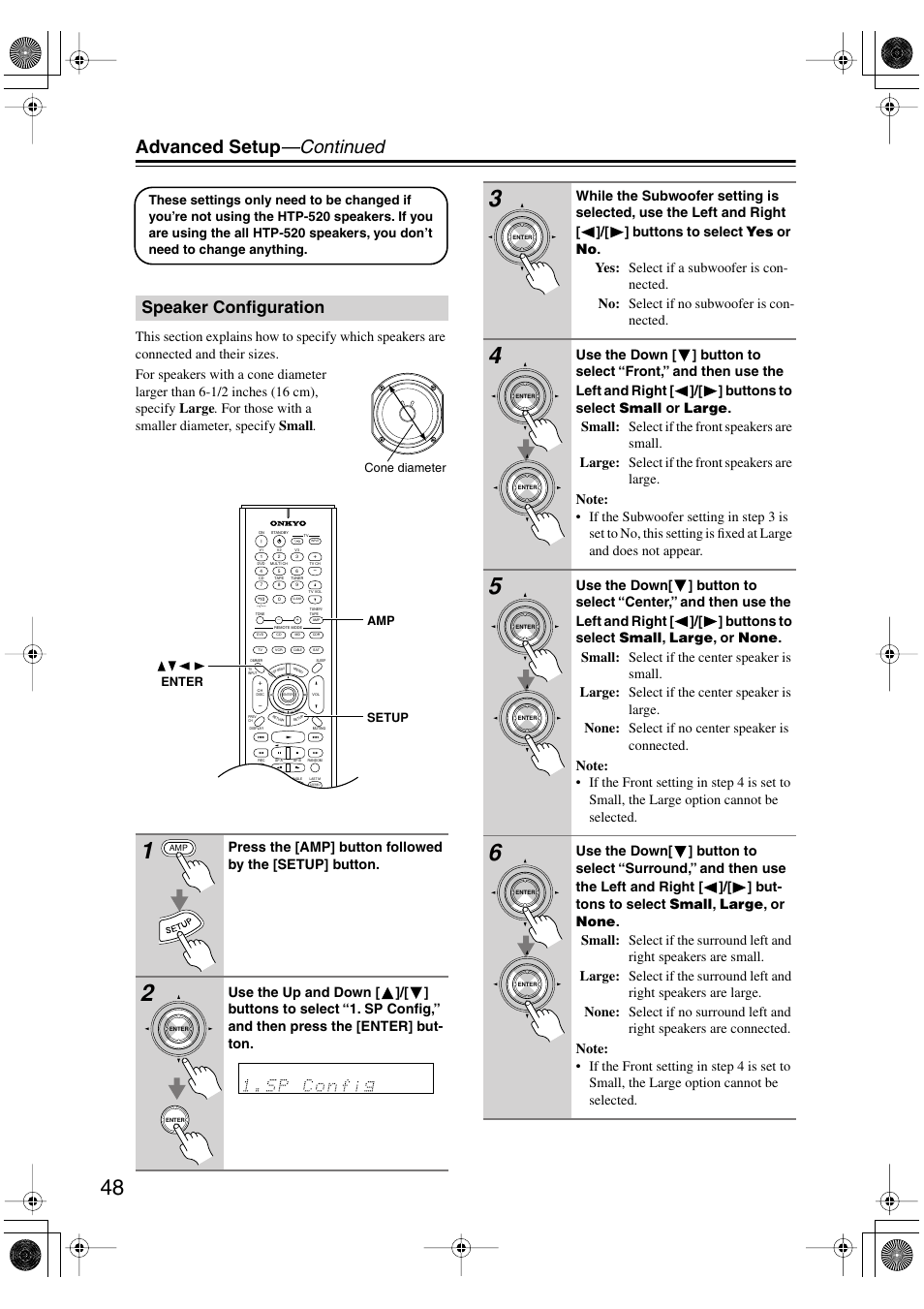 Advanced setup —continued, Speaker configuration | Onkyo HT-R520 User Manual | Page 48 / 68