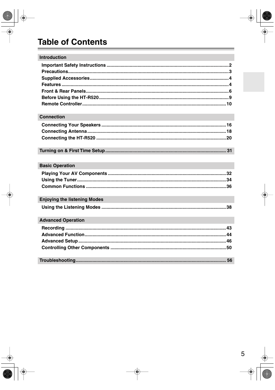Onkyo HT-R520 User Manual | Page 5 / 68