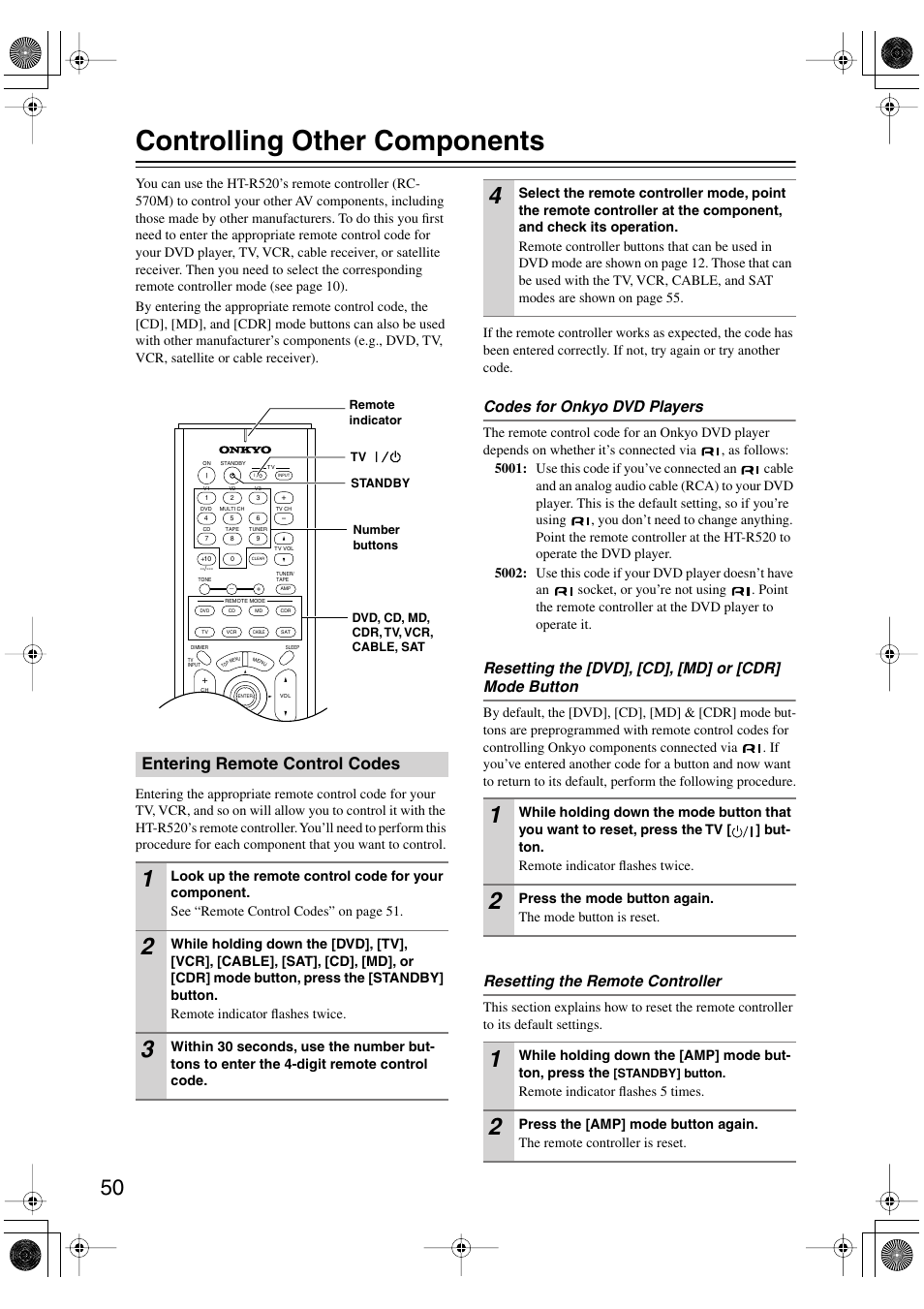 Controlling other components, Entering remote control codes, Codes for onkyo dvd players | Resetting the remote controller | Onkyo HT-R520 User Manual | Page 50 / 68