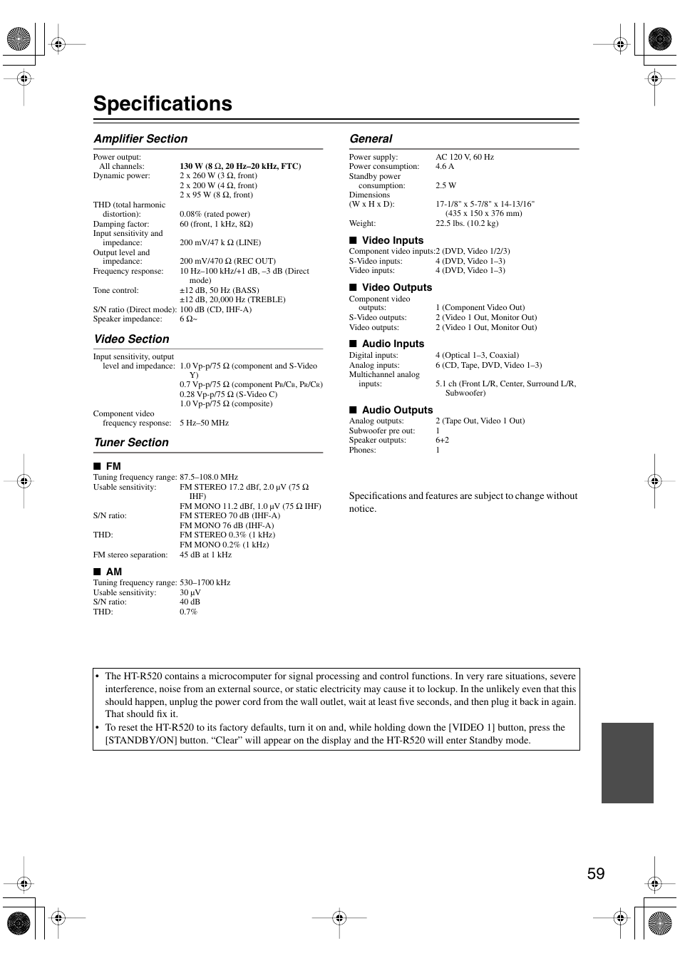 Specifications | Onkyo HT-R520 User Manual | Page 59 / 68