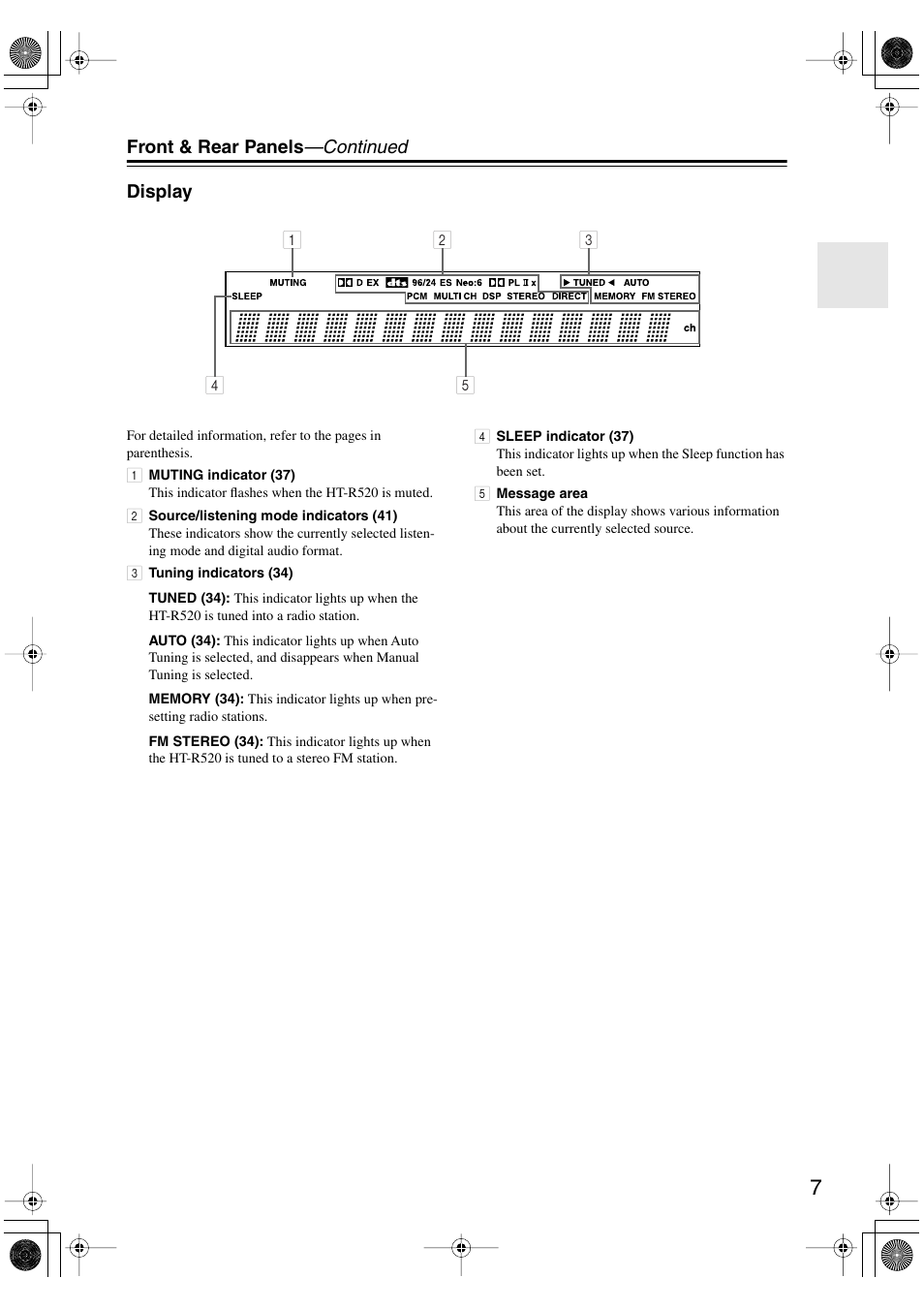 Front & rear panels —continued display | Onkyo HT-R520 User Manual | Page 7 / 68