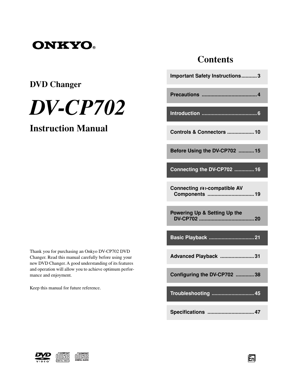 Onkyo DV-CP702 User Manual | 53 pages