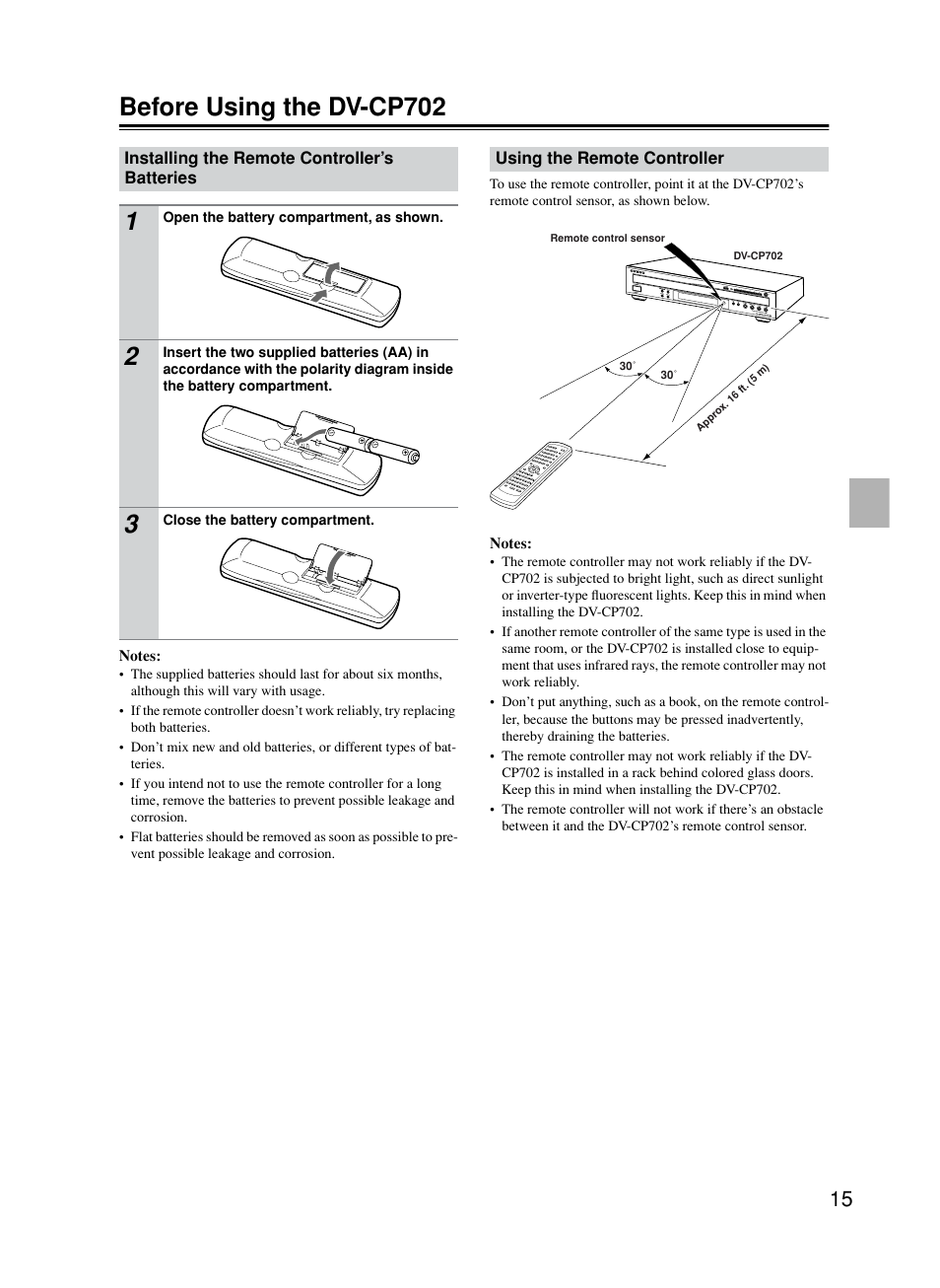 Installing batteries into remote, Before using the dv-cp702 | Onkyo DV-CP702 User Manual | Page 15 / 53