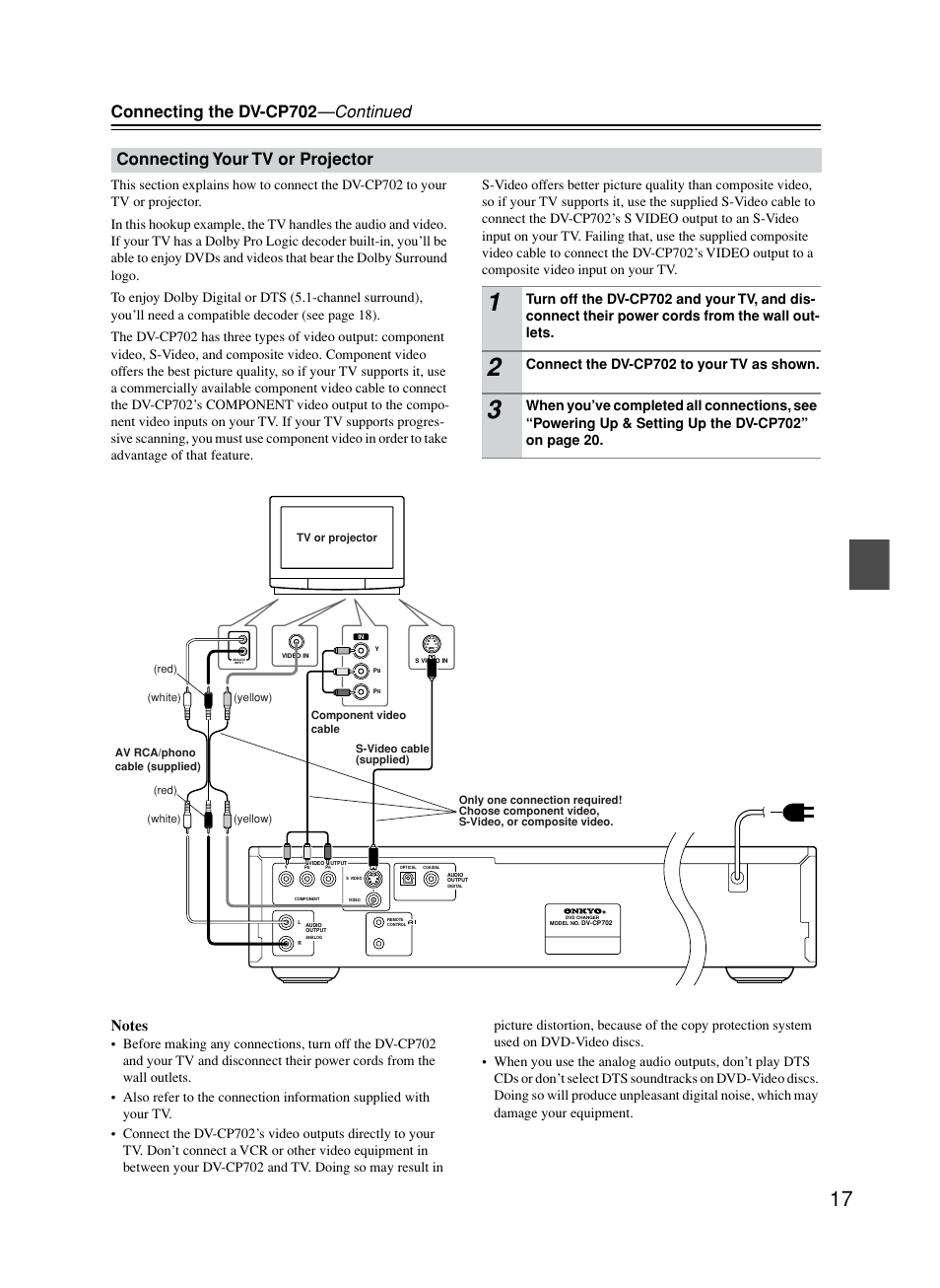Tv connection, Connecting the dv-cp702 —continued, Connecting your tv or projector | Connect the dv-cp702 to your tv as shown | Onkyo DV-CP702 User Manual | Page 17 / 53