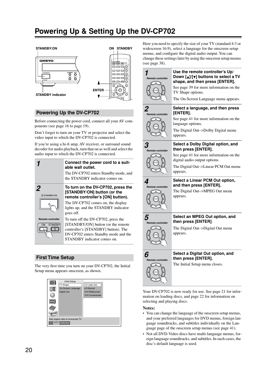 Power on / off, First time setup, Powering up & setting up the dv-cp702 | Powering up the dv-cp702 | Onkyo DV-CP702 User Manual | Page 20 / 53