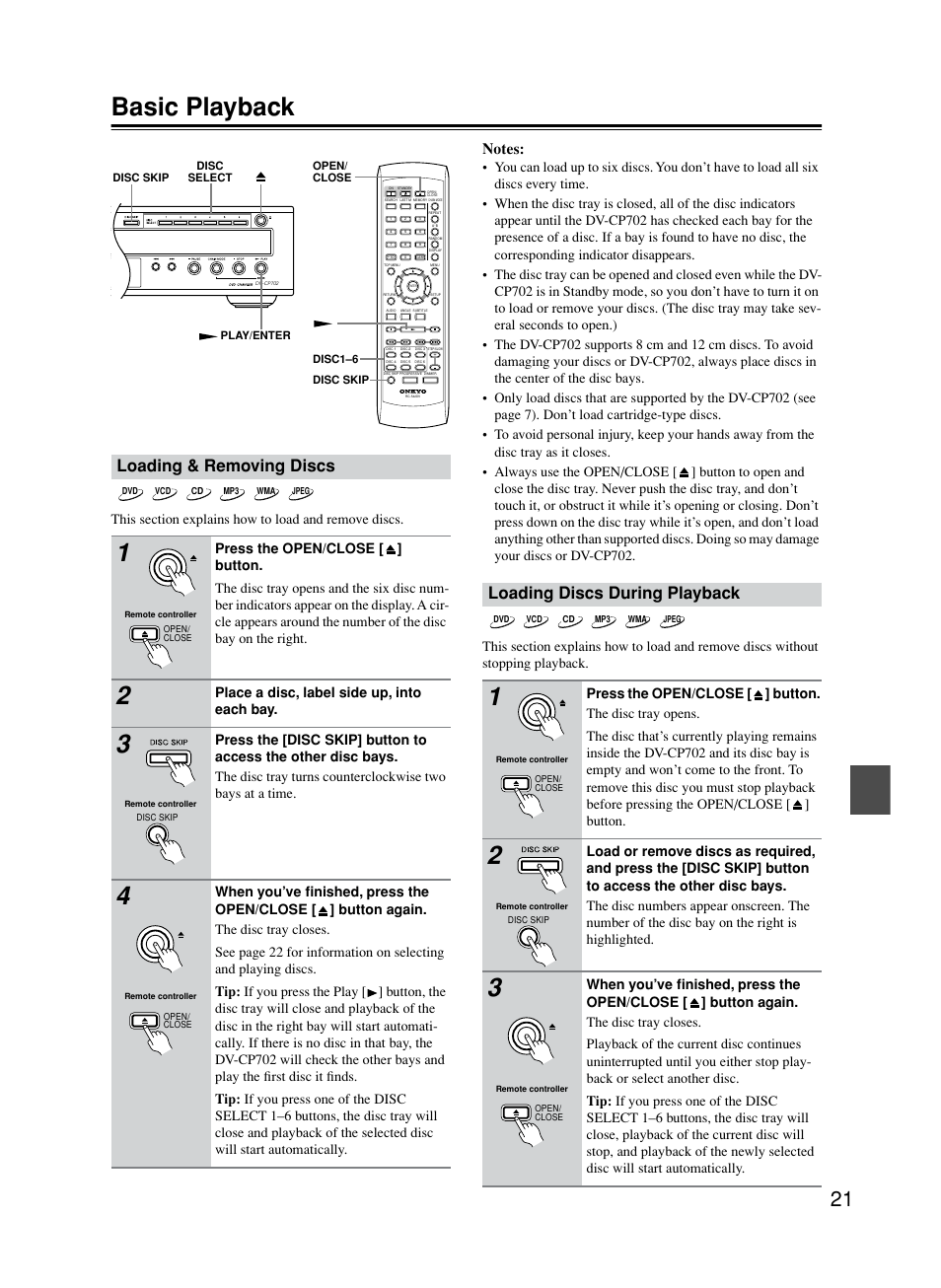 Basic playback, Loading & removing discs, Loading discs during playback | Place a disc, label side up, into each bay | Onkyo DV-CP702 User Manual | Page 21 / 53