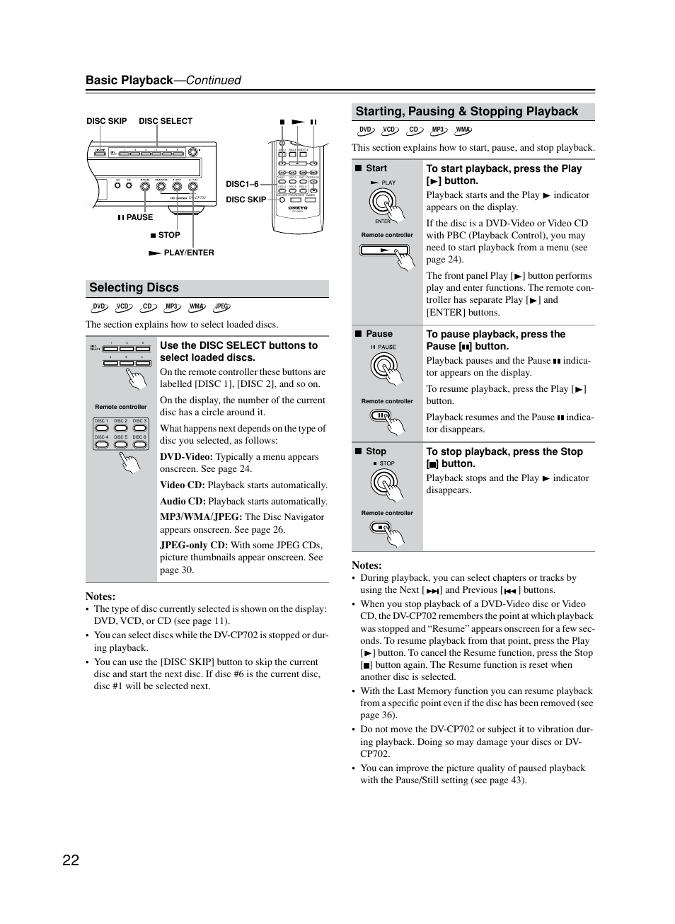 Selecting discs, Starting, pausing & stopping playback, Basic playback —continued | Onkyo DV-CP702 User Manual | Page 22 / 53