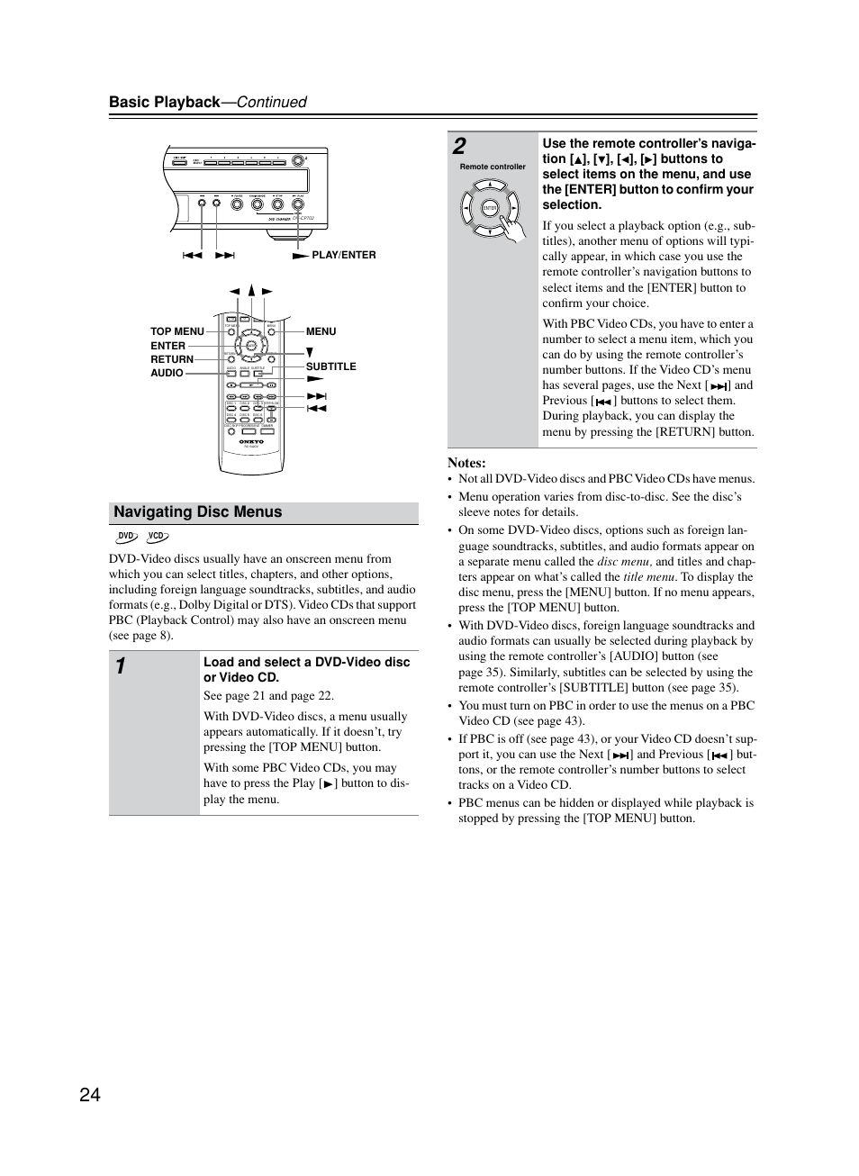 Navigating disc menus, Basic playback —continued | Onkyo DV-CP702 User Manual | Page 24 / 53