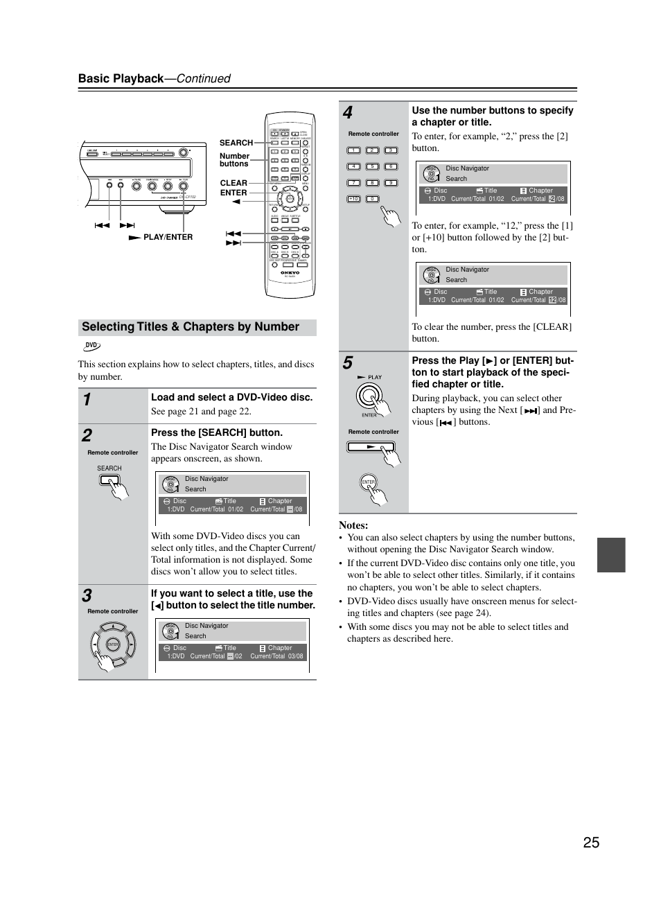 Selecting titles & chapters by number, Basic playback —continued | Onkyo DV-CP702 User Manual | Page 25 / 53