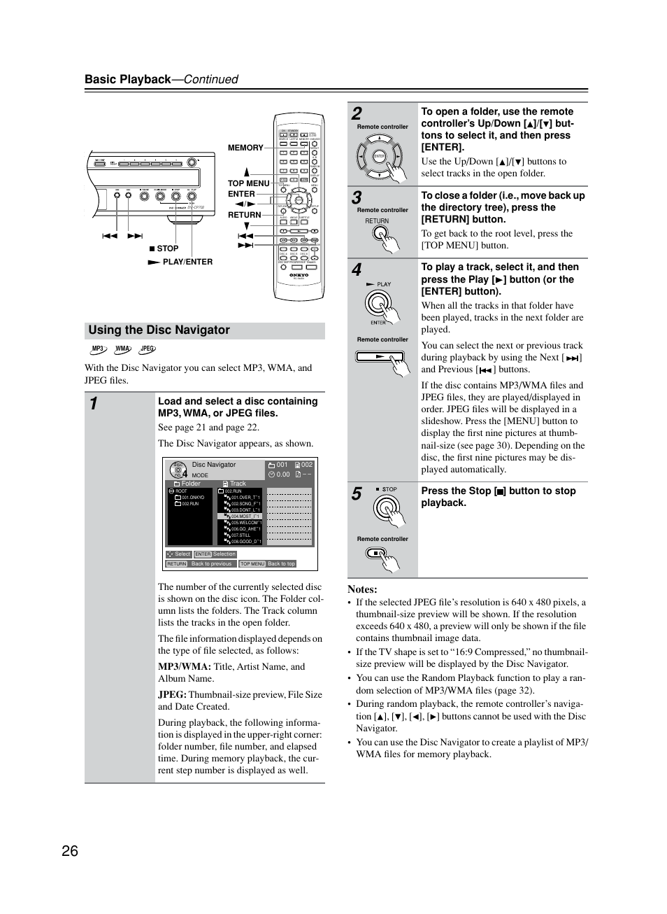 Using the disc navigator, Basic playback —continued, Press the stop [ ] button to stop playback | Onkyo DV-CP702 User Manual | Page 26 / 53