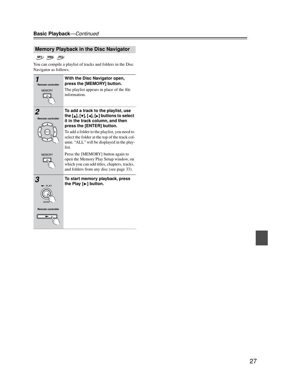 Memory playback in the disc navigator | Onkyo DV-CP702 User Manual | Page 27 / 53