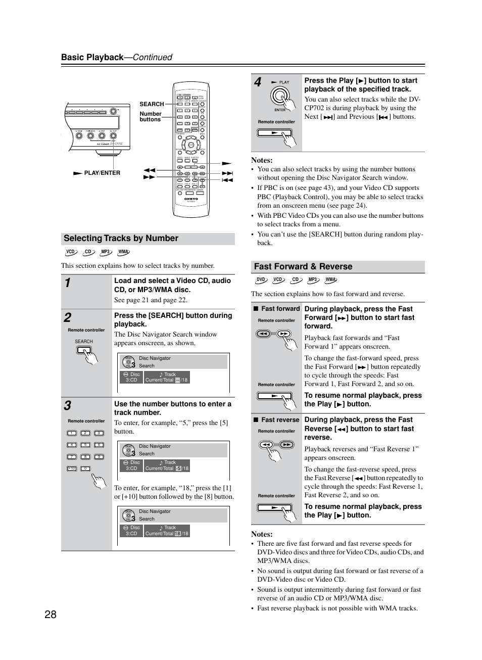 Selecting tracks by number, Fast forward & reverse, Basic playback —continued | Onkyo DV-CP702 User Manual | Page 28 / 53