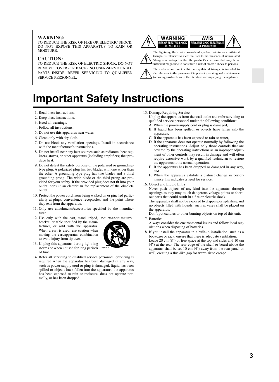 Important safety instructions, Warning, Caution | Avis | Onkyo DV-CP702 User Manual | Page 3 / 53