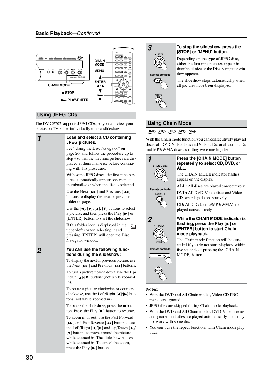 Using jpeg cds, Using chain mode (plays all discs loaded), Basic playback —continued | Using chain mode | Onkyo DV-CP702 User Manual | Page 30 / 53