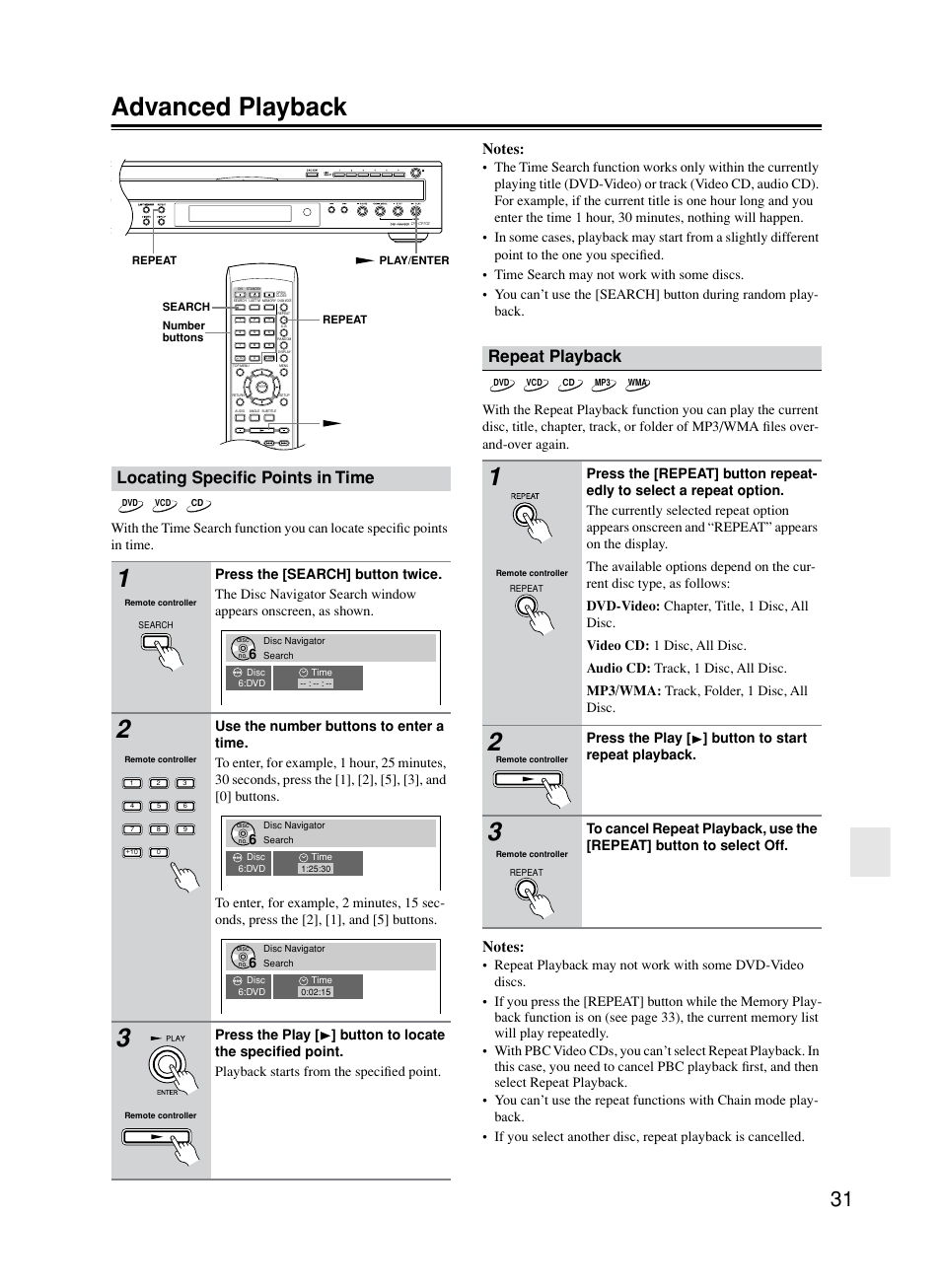 Advanced playback, Locating specific points in time, Repeat playback | Locating speciﬁc points in time, Press the play [ ] button to start repeat playback | Onkyo DV-CP702 User Manual | Page 31 / 53
