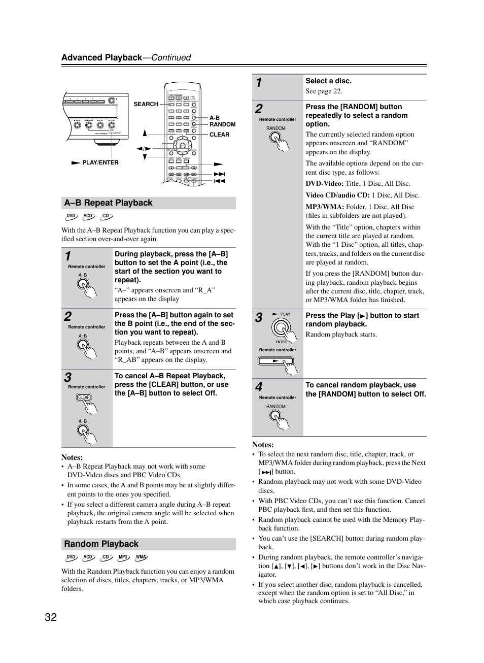 A–b repeat playback, Random playback, Advanced playback —continued | Select a disc. see page 22 | Onkyo DV-CP702 User Manual | Page 32 / 53