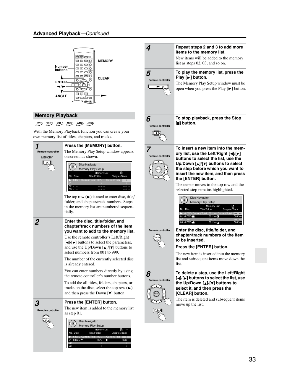 Memory playback, Advanced playback —continued | Onkyo DV-CP702 User Manual | Page 33 / 53