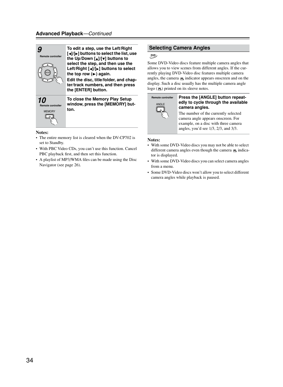 Selecting camera angles | Onkyo DV-CP702 User Manual | Page 34 / 53