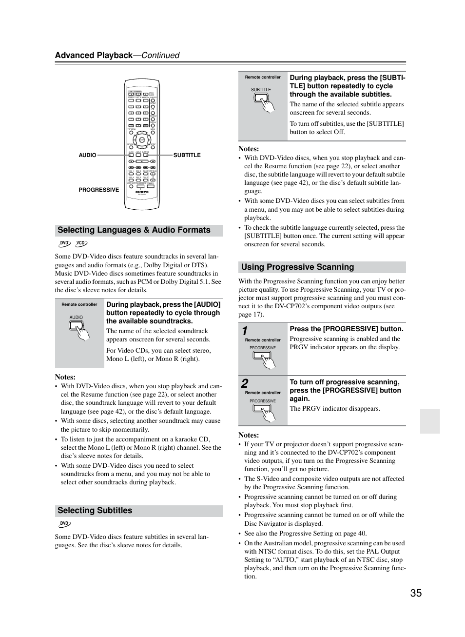 Selecting languages & audio formats, Selecting subtitles, Using progressive scanning | Advanced playback —continued | Onkyo DV-CP702 User Manual | Page 35 / 53