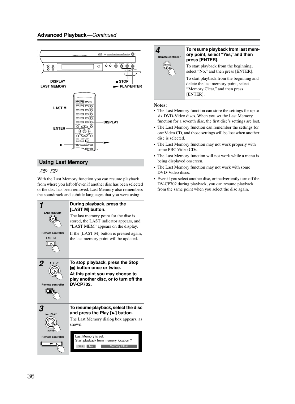 Using last memory, Advanced playback —continued | Onkyo DV-CP702 User Manual | Page 36 / 53