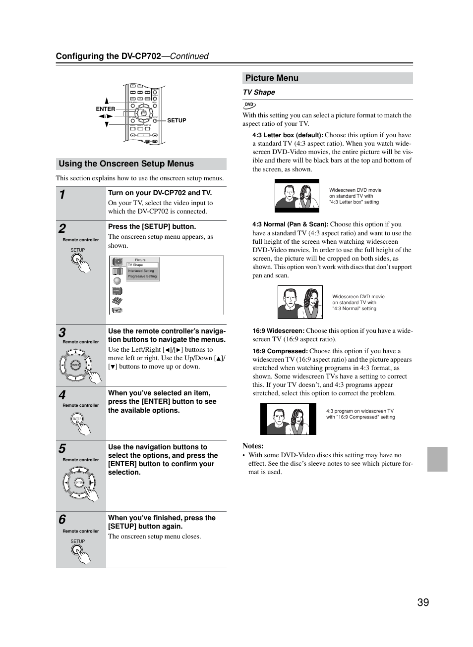 Using the onscreen setup menus, Picture menu, Conﬁguring the dv-cp702 —continued | Onkyo DV-CP702 User Manual | Page 39 / 53