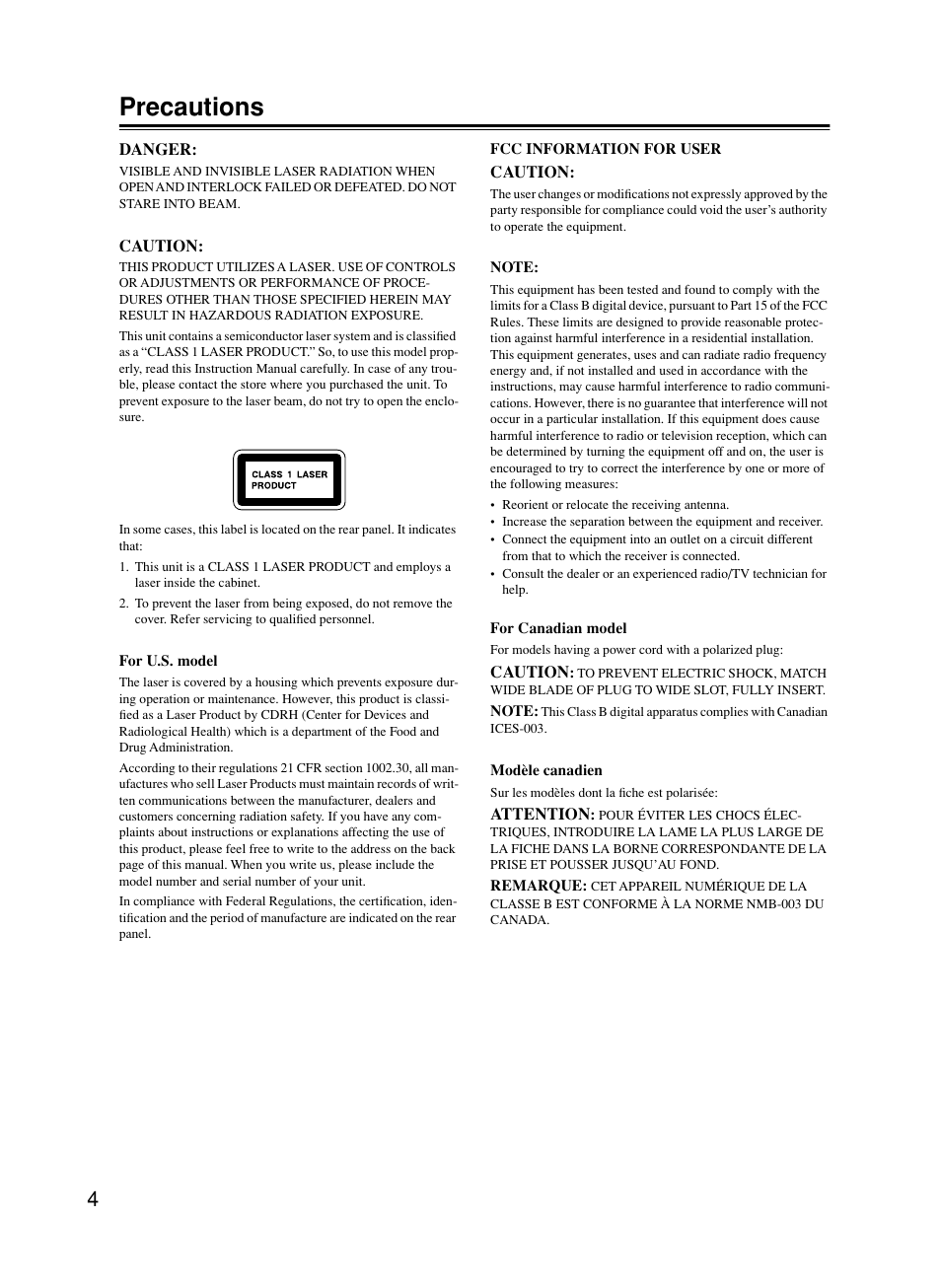 Precautions | Onkyo DV-CP702 User Manual | Page 4 / 53