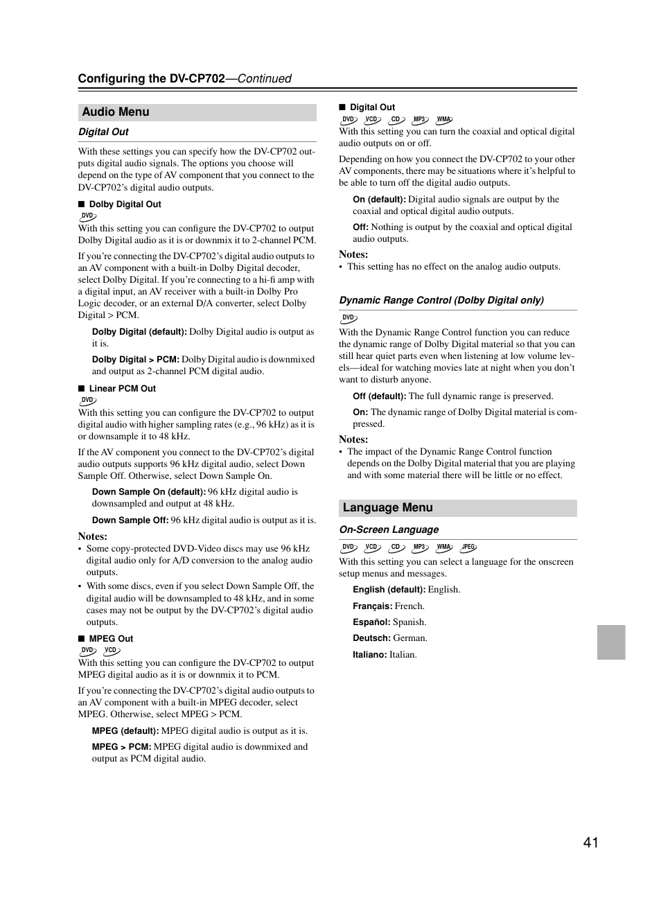 Audio menu, Language menu, Conﬁguring the dv-cp702 —continued | Onkyo DV-CP702 User Manual | Page 41 / 53