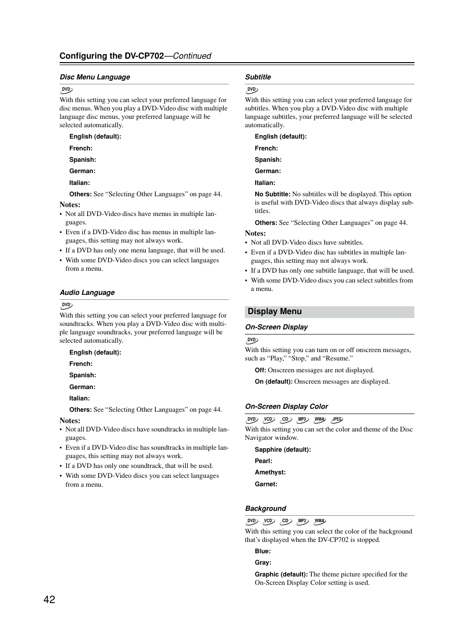 Display menu, Conﬁguring the dv-cp702 —continued | Onkyo DV-CP702 User Manual | Page 42 / 53