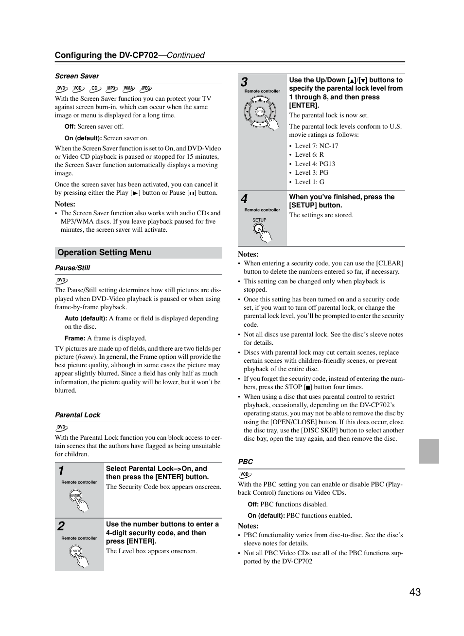 Operation setting menu, Conﬁguring the dv-cp702 —continued | Onkyo DV-CP702 User Manual | Page 43 / 53